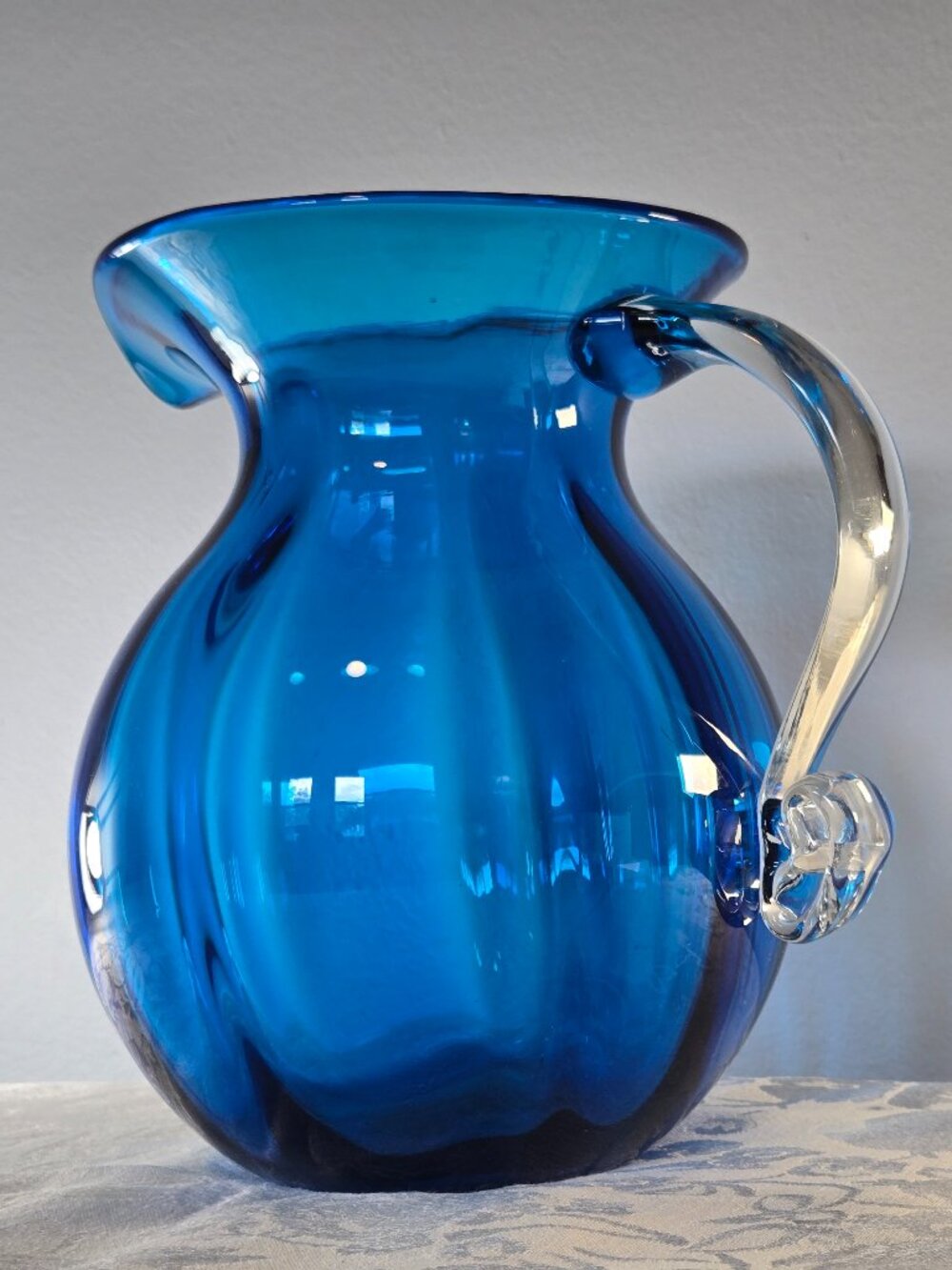 2013 Blenko Cobalt Blue Glass Ribbed Pitcher - Signed by Walter Blenko
